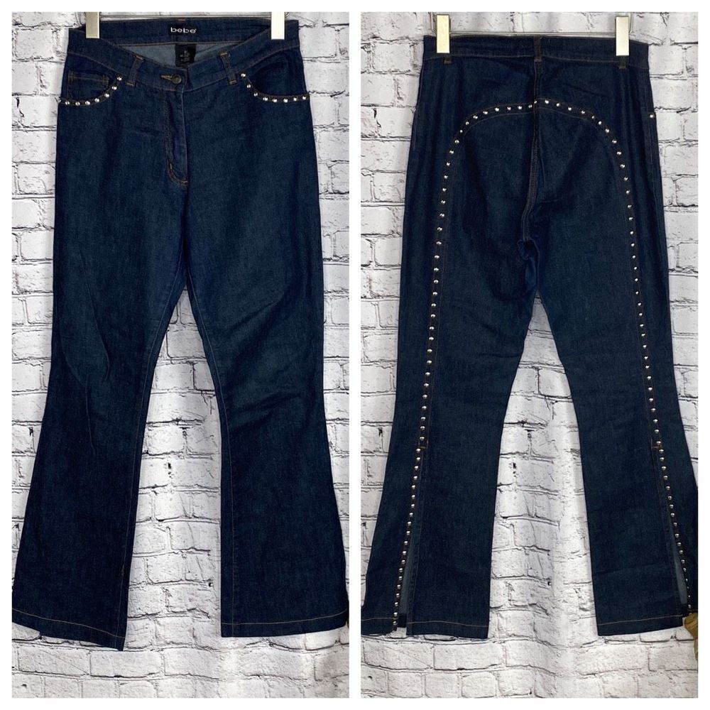Bebe Studded Round Bottom Split Leg Flare Western Mid-Rise Cowgirl Jeans 30